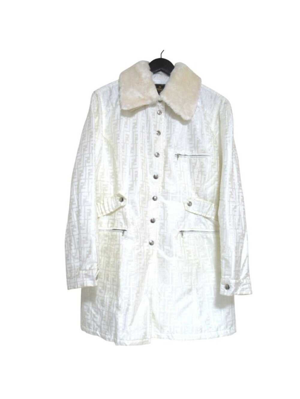 Fendi Vintage Zucca Jacquard Faux Fur Belted Padded Coat White Pre Owned